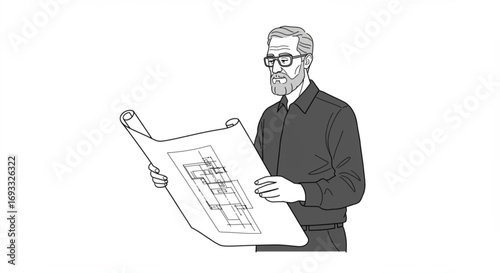 Man with glasses and beard examining a large architectural plan with detailed line work and rolled edges vreated with genrated ai