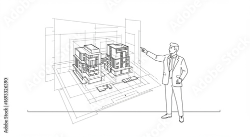Man in suit pointing at architectural blueprint of two modern buildings with complex line work design vreated with genrated ai