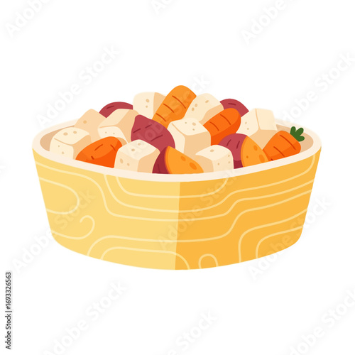 vector illustration of a Thanksgiving salad with cranberries, nuts, and root vegetables in a yellow bowl for a festive holiday meal.