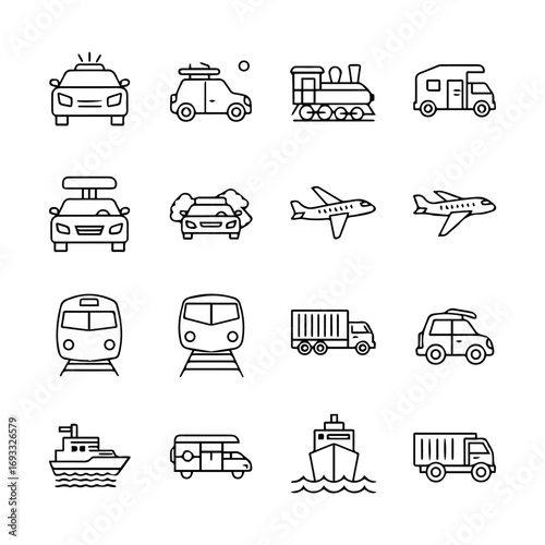 A diverse collection of sixteen transportation line icons including cars trains planes and ships rendered in a simple black outline style.