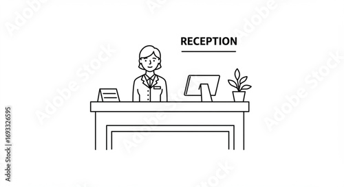Illustration of a receptionist at a desk with a computer and a plant in a black and white line drawing vreated with genrated ai