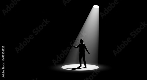 Silhouette of a person standing in a spotlight against a dark background with outstretched arms shown vreated with genrated ai