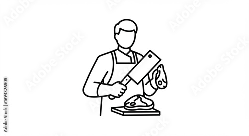 A butcher preparing meat with a cleaver on a wooden board in a minimalist line art illustration vreated with genrated ai