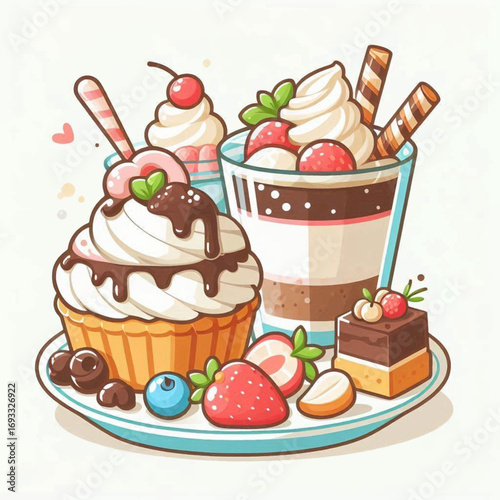 A delightful cartoon dessert platter featuring a chocolate cupcake layered parfait and fresh berries.
