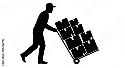 Silhouette of a delivery man pulling a hand truck loaded with stacked boxes in a monochrome image vreated with genrated ai