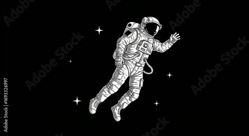 Astronaut floating in dark space with stars in monochrome illustration with detailed suit design vreated with genrated ai