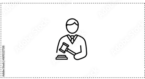 A line drawing of a judge in a suit holding a gavel ready to strike it on a sound block in a courtroom vreated with genrated ai