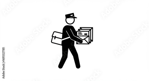 Illustration of a postal worker carrying mail and a bag in a simple black and white design style vreated with genrated ai