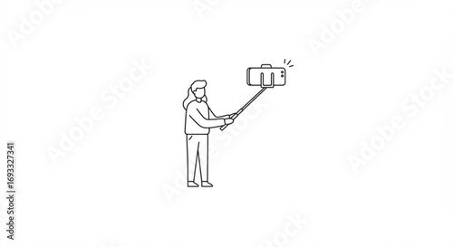A person taking a selfie with a phone on a stick in a simple line drawing on a white background scene vreated with genrated ai