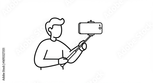 A person taking a selfie with a phone on a stick in black and white line art illustration style vreated with genrated ai