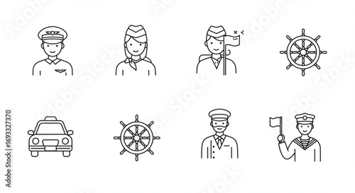 Illustration showcasing various transportation related professions and symbols in a minimalist line art style vreated with genrated ai