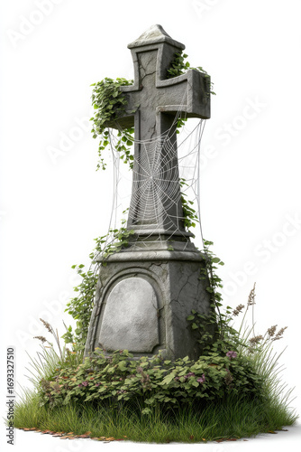 Weathered gravestone covered vines and spider webs, surrounded lush grass and wildflowers, evokes sense of mystery