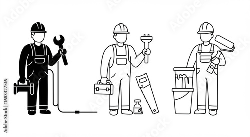 Illustration of three workers in overalls with tools like a wrench, paint roller, and light tester vreated with genrated ai