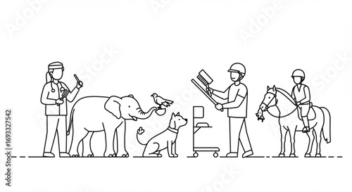 Veterinarian examining elephant, bird, dog, horse, and rider with groomer and grooming tools present vreated with genrated ai