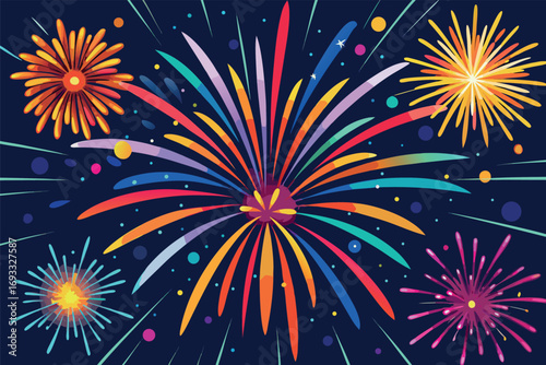 Festive Fireworks Display with Vibrant Colors and Sparkling Lights Against a Dark Blue Night Sky Background Illustration