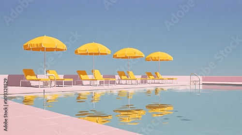 Relaxing by Swimming Pool with Yellow Umbrellas and Lounge Chairs