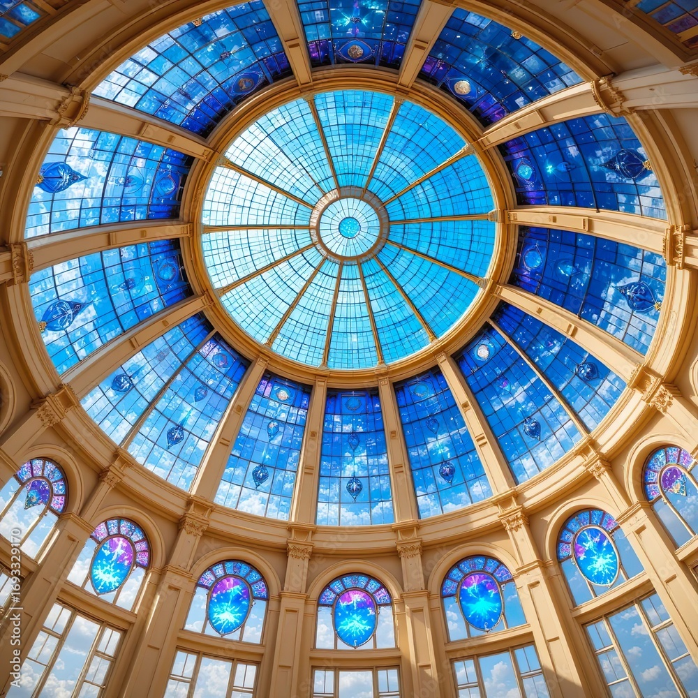 Obraz premium Stunning stained glass dome ceiling with blue celestial design and grand architectural interior