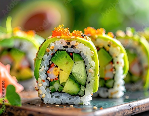 Delicious Avocado Sushi Rolls with Tobiko and Sesame Seeds