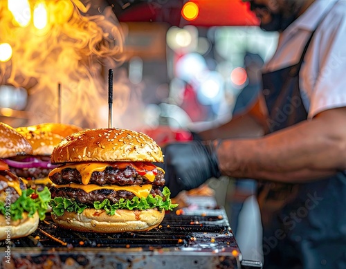 Delicious Cheeseburgers Grilling at a Street Food Stall