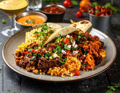 Delicious Fusion Food Platter with Rice, Meat, and Tortilla