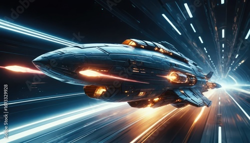 A massive futuristic spaceship traveling at light speed