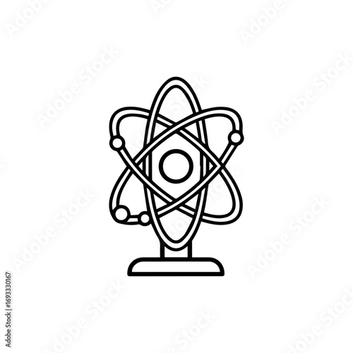Black and white line art icon of a classic atom model with a nucleus orbiting electrons and a stand.