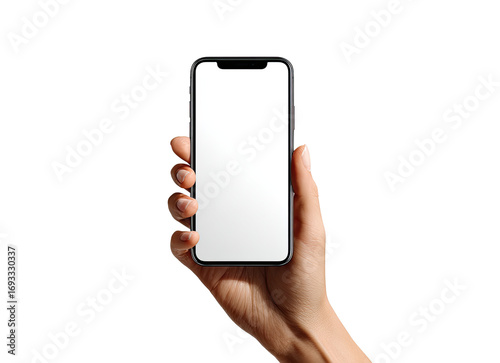 A hand holds a black smartphone, blank screen facing forward