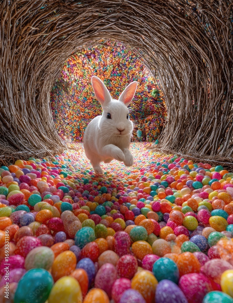 Obraz premium White rabbit running through a tunnel of colorful candy eggs