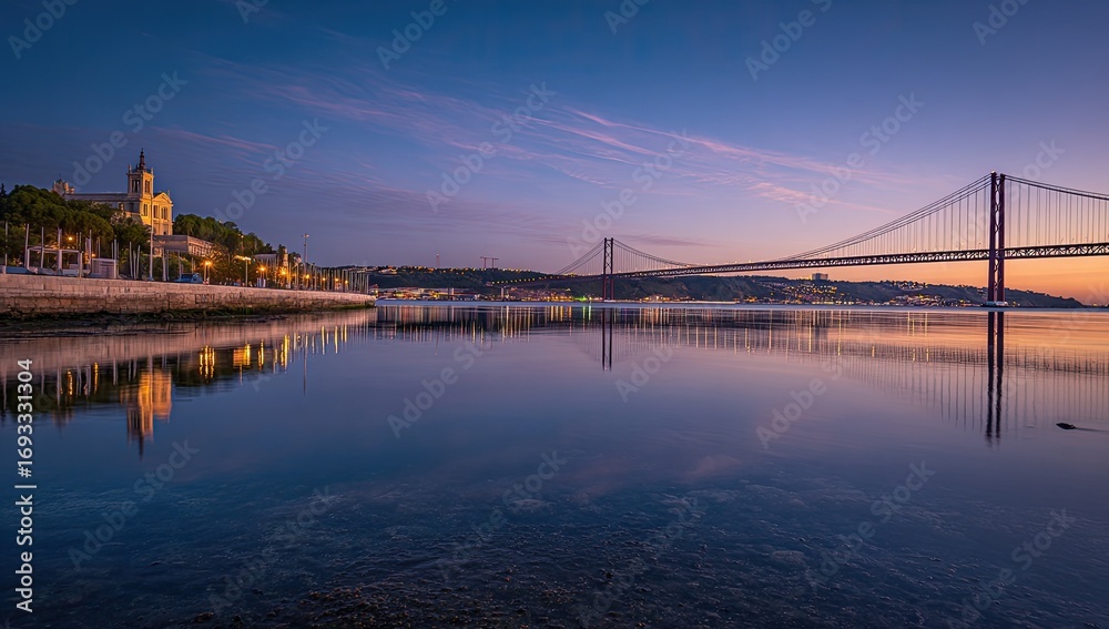 Fototapeta premium Calm river reflecting a sunrise cityscape