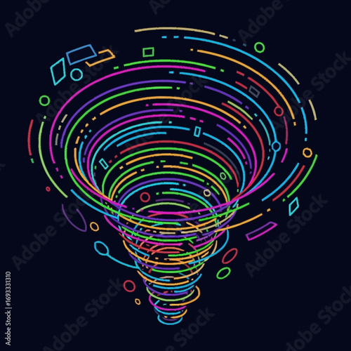 A swirling vortex composed of colorful fragmented lines and shapes on a dark background