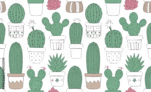 A charming and whimsical illustration featuring a delightful pattern of various potted succulents and cacti, perfect for adding a touch of green to any design project