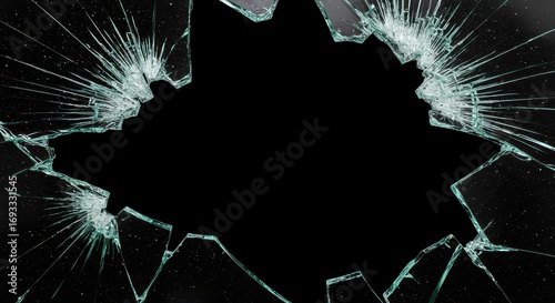 Broken Glass: A shattered glass pane, with intricate cracks radiating outward against a black background, symbolizing destruction and vulnerability.