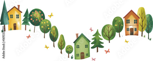 Whimsical neighborhood illustration with charming houses, lush trees, and colorful butterflies creating a serene village scene