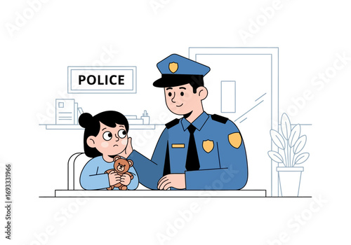 Police officer comforts girl with teddy bear at station, providing comfort, safety, and compassion visuals for police department brochures.