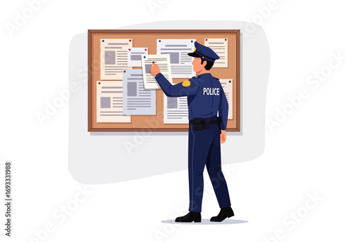 Police officer examines a board with case documents. Suitable for crime investigationthemed projects and presentations.