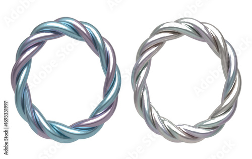 Elegant Abstract Design Featuring Two Twisted Circular Shapes with Dynamic Metallic Finishes and Iridescent Colors