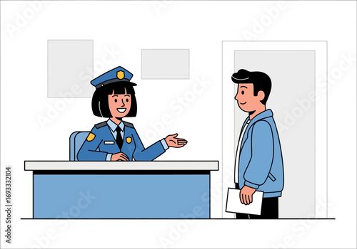 Smiling policewoman conducts a meeting with man holding papers. Appropriate for legal, law enforcement, teamwork, and office discussions concepts.