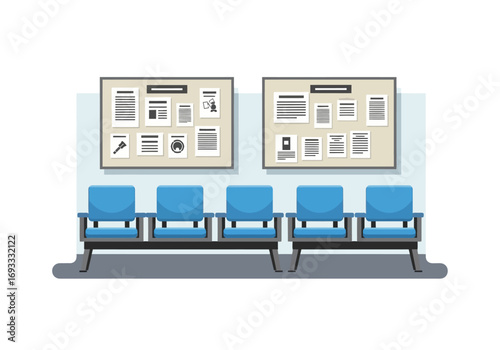 Busy waiting room with rows of chairs and bulletin boards for office or medicalthemed designs. 