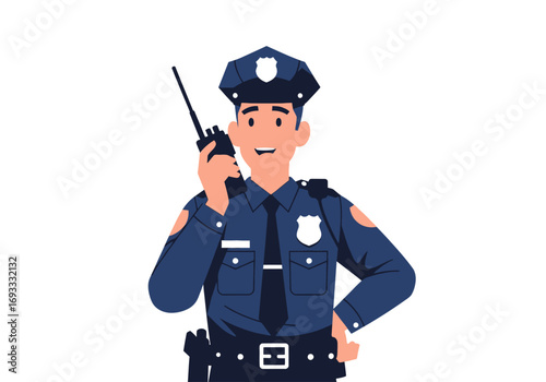 Smiling policeman with radio suitable for security, law enforcement, communication, and technologyrelated concepts in advertising and marketing materials.