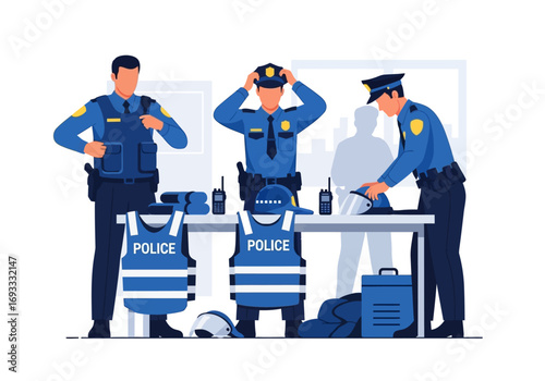 Three police officers gearing up at the station, getting ready for duty. Ideal for law enforcement, security, and teamwork concepts.