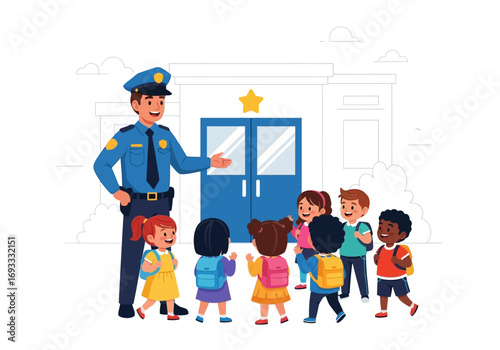 Policeman greeting kids outside school, representing safetyschoolsecurity concept, suitable for educational content, safety campaigns, or community outreach materials.