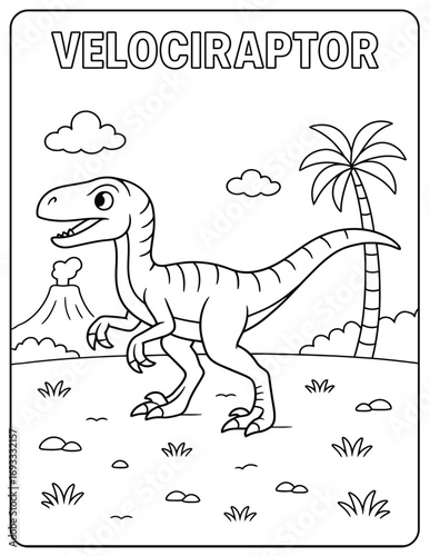 A velociraptor coloring page with a palm tree volcano and clouds in black and white