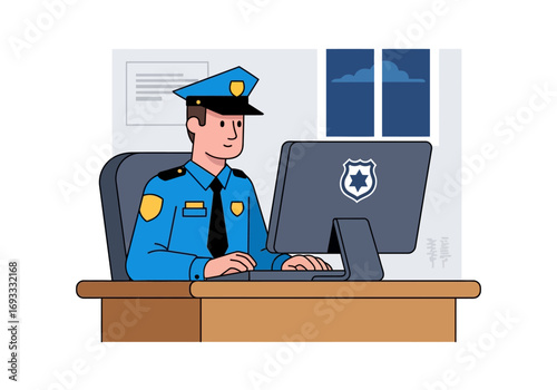Policeman works late in a dimly lit office, typing at a computer. Perfect for law enforcement or night shift visuals.