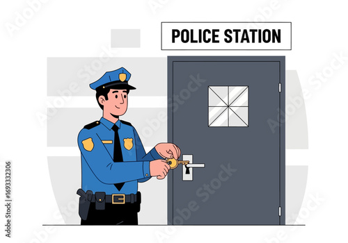 Policeman opens police station door. Suitable for law enforcement, security, crime prevention, and policerelated projects, websites, and publications.