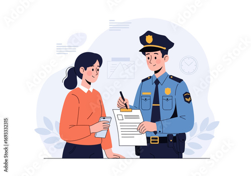 Police officer fills out statement form with lady, suitable for legal concept, law enforcement, crime prevention, security training materials.