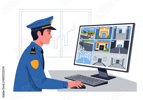 Security guard monitoring surveillance cameras suitable for security, technology, surveillance, monitoring, safety, protection,  