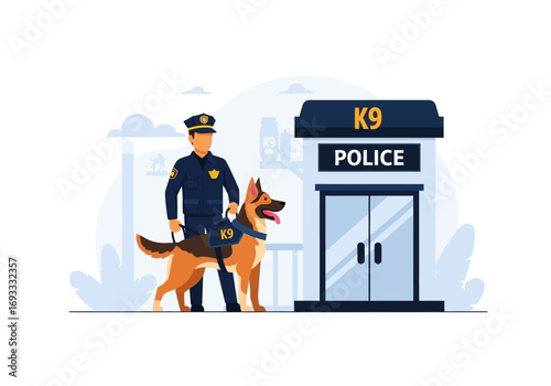 Police officer and k9 dog at station, suitable for law enforcement promotions, police department websites, security brochures, and canine training materials.