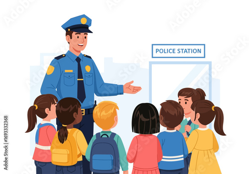Police officer showing children around station. Suitable for educational materials, community outreach brochures, or childrens books about law enforcement.