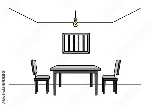 Sparsely furnished room with table, chairs, and light for interior design, home decor, minimalist lifestyle, and room layout concepts.