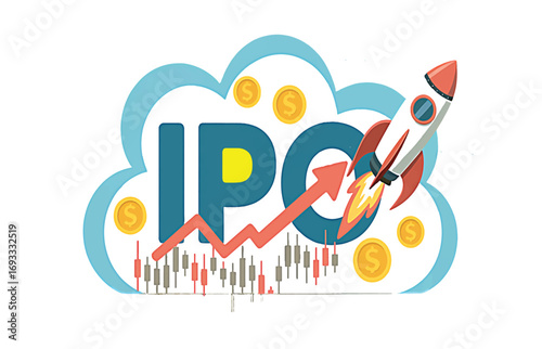 Vector illustration of a successful IPO launch with a rocket ship, growing stock market chart, and gold coins. Business finance and investment concept
